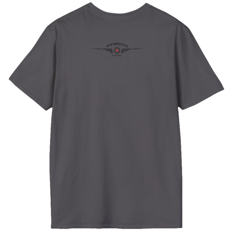 A  silver grey Gymstar t-shirt with a graphic print No Pain No Gain and a bodybuilder in the center, designed for fitness and sports. Rear view.