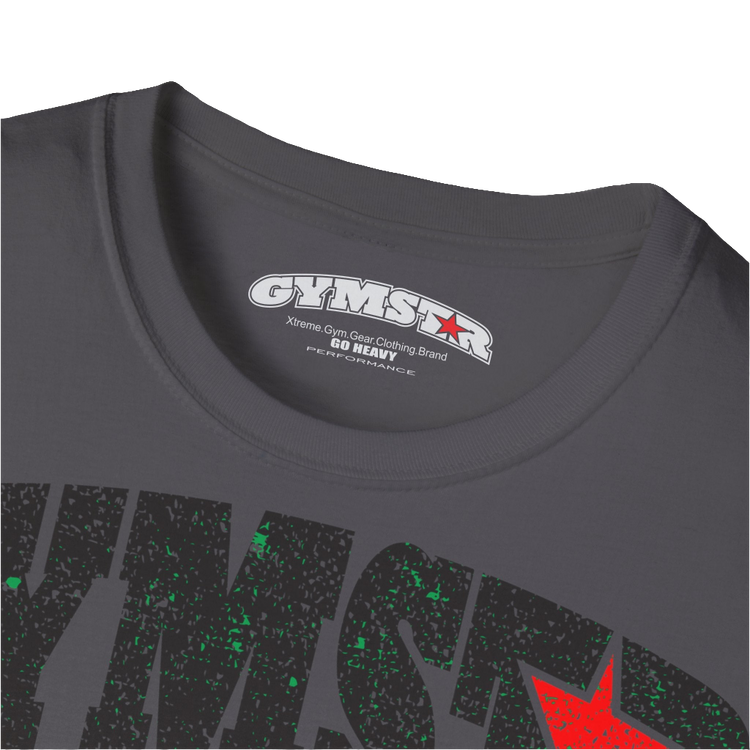 A  sport grey Gymstar t-shirt with a graphic print No Pain No Gain and a bodybuilder in the center, designed for fitness and sports. Front logo close up view.