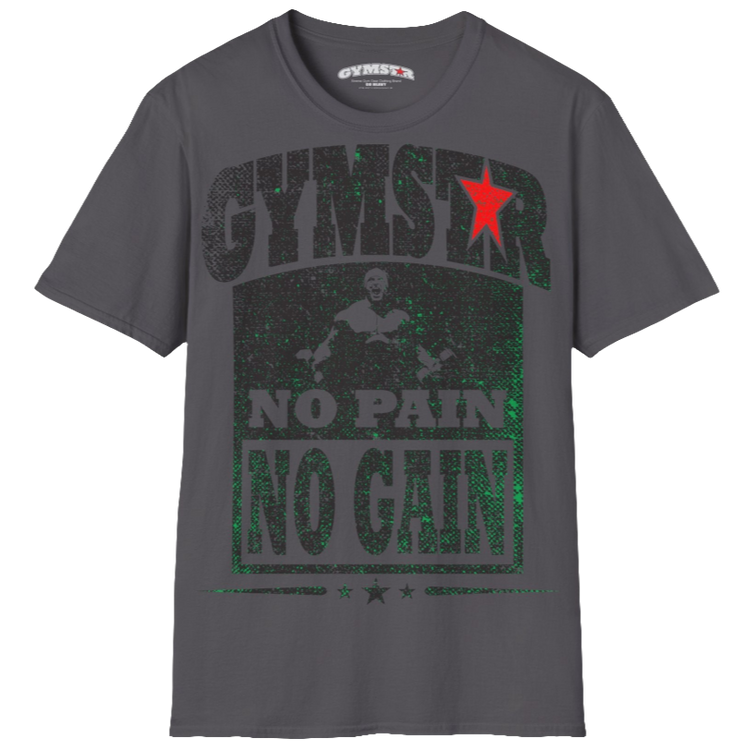 A  sport grey Gymstar t-shirt with a graphic print No Pain No Gain and a bodybuilder in the center, designed for fitness and sports. Front view.