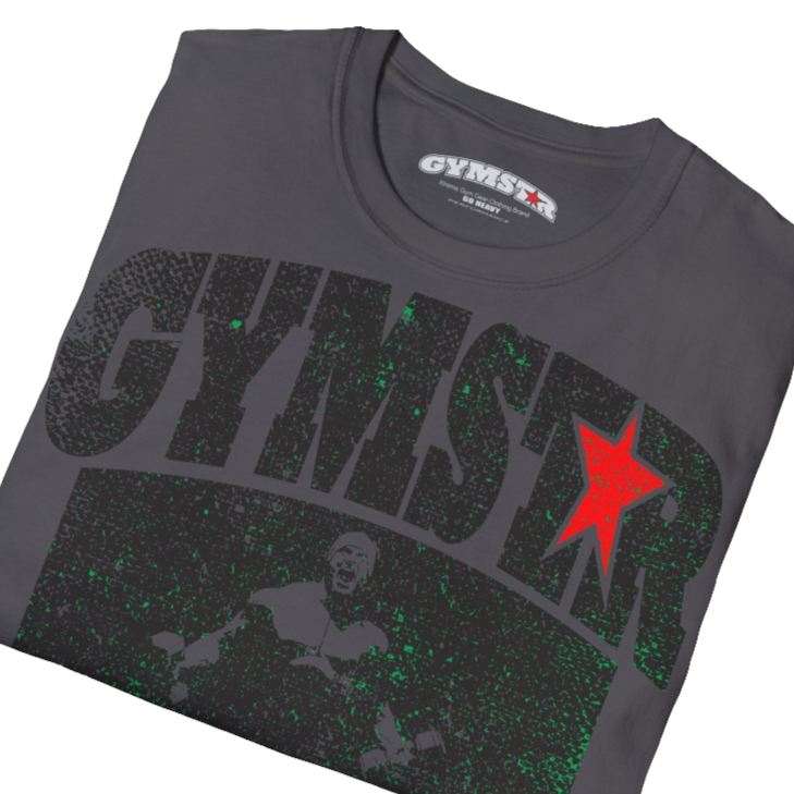 A  sport grey Gymstar t-shirt with a graphic print No Pain No Gain and a bodybuilder in the center, designed for fitness and sports. Front  close up view.