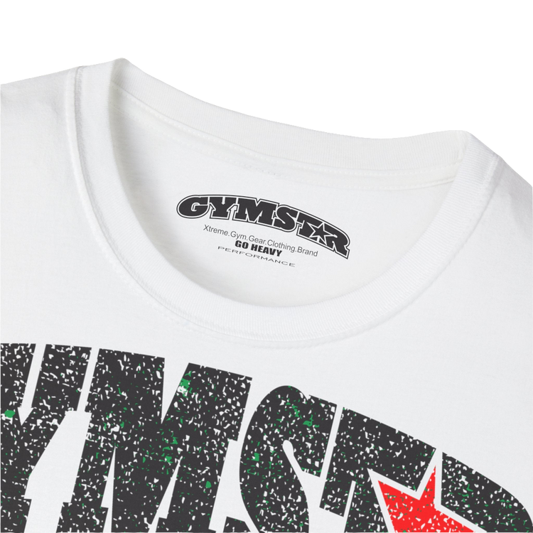 A  white Gymstar t-shirt with a graphic print No Pain No Gain and a bodybuilder in the center, designed for fitness and sports. Front logo close up view.