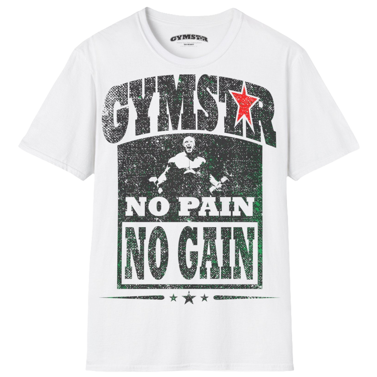 A  blue Gymstar t-shirt with a graphic print No Pain No Gain and a bodybuilder in the center, designed for fitness and sports. Front view.
