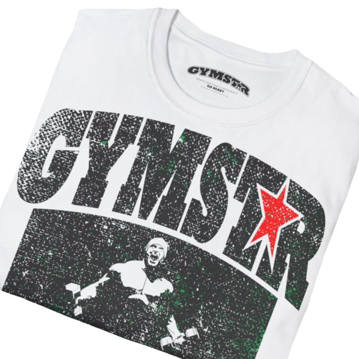 A  white Gymstar t-shirt with a graphic print No Pain No Gain and a bodybuilder in the center, designed for fitness and sports. Front close up view.