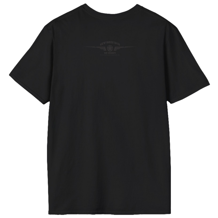 A  black Gymstar t-shirt with a graphic print No Pain No Gain in the center, designed for fitness and sports. Rare logo close up view.