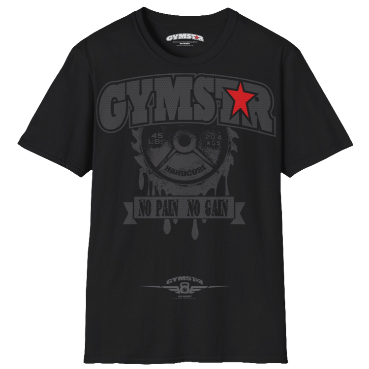 A black Gymstar t-shirt with a graphic print No Pai No Gain in the center, designed for fitness and sports. Front  view.