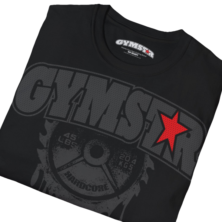 A  black Gymstar t-shirt with a graphic print No Pain No Gain in the center, designed for fitness and sports. Front  close up view.