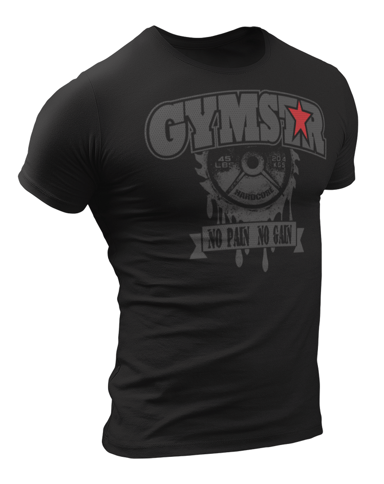 A sporty, black Gymstar t-shirt with a No Pain No Gain motivational design and a barbell weight in the middle. Close-up front view.
