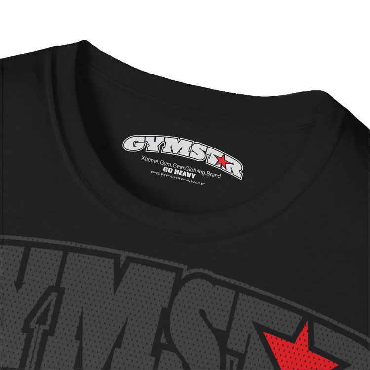 A  black Gymstar t-shirt with a graphic print No Pain No Gain in the center, designed for fitness and sports. Front logo close up view.