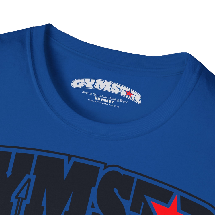 A  blue Gymstar t-shirt with a graphic print No Pain No Gain in the center, designed for fitness and sports. Front logo close up view.