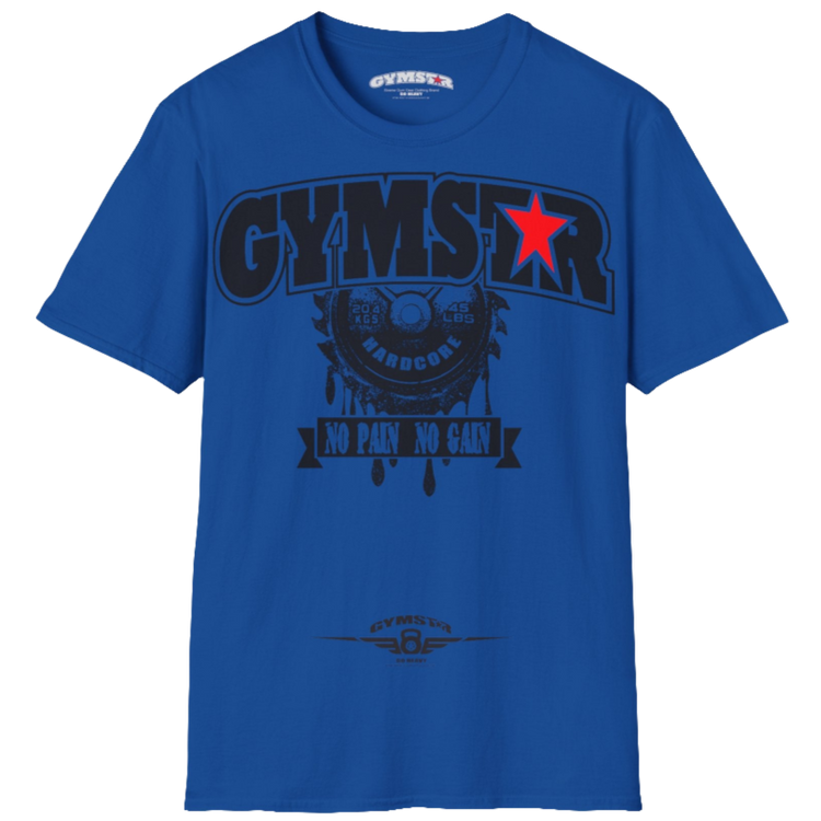 A blue Gymstar t-shirt with a graphic print No Pai No Gain in the center, designed for fitness and sports. Front  view.