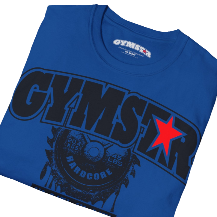 A  blue Gymstar t-shirt with a graphic print No Pain No Gain in the center, designed for fitness and sports. Front  close up view.
