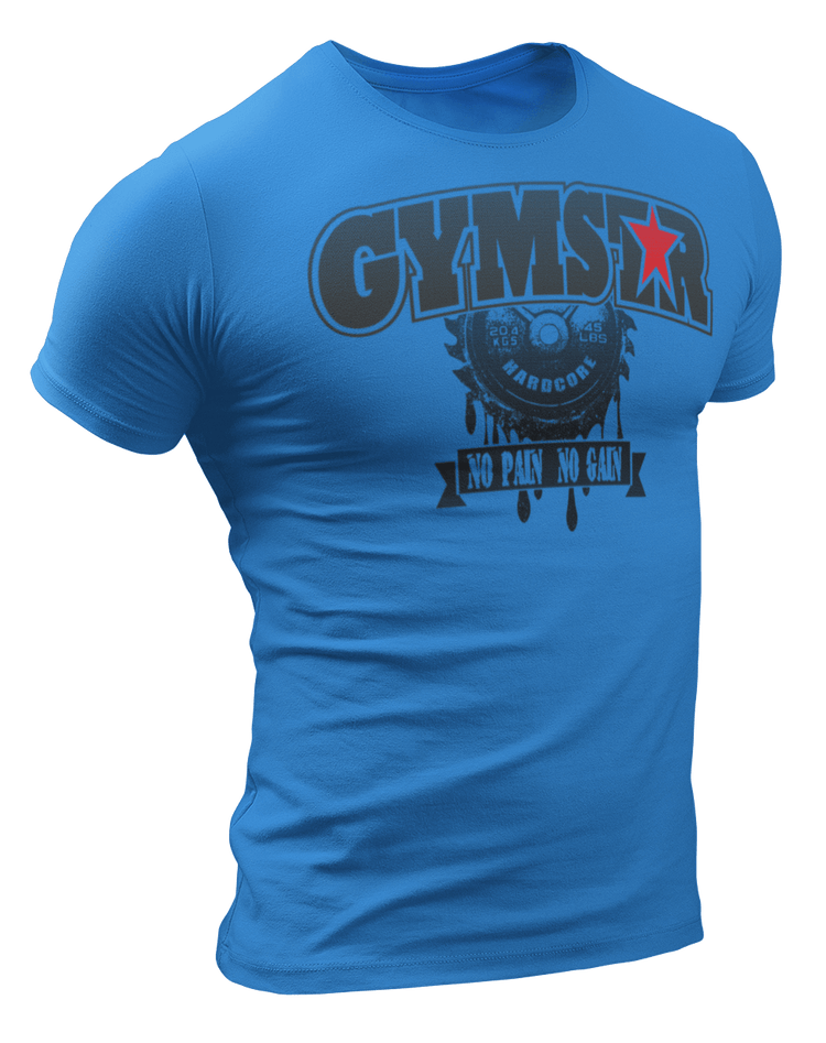 A sporty, blue Gymstar t-shirt with a No Pain No Gain motivational design and a barbell weight in the middle. Close-up front view.