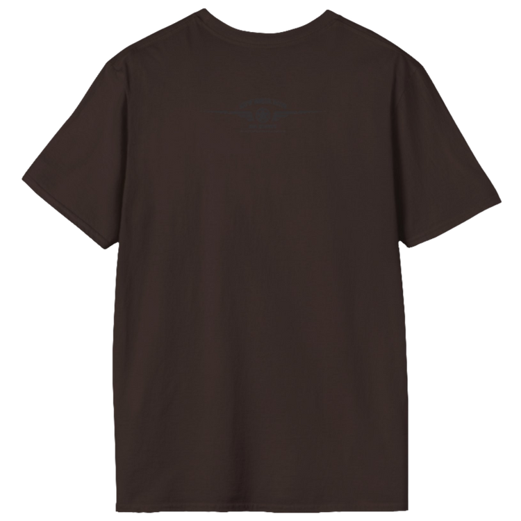 A brown Gymstar t-shirt with a graphic print No Pain No Gain in the center, designed for fitness and sports. Rare logo close up view.