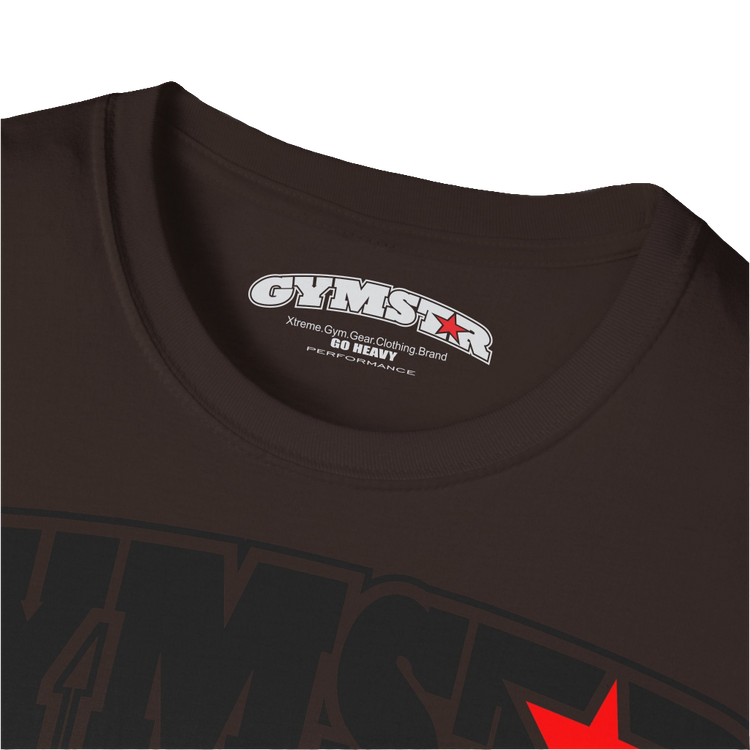 A brown Gymstar t-shirt with a graphic print No Pain No Gain in the center, designed for fitness and sports. Front logo close up view.