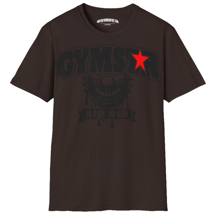 A sport brown Gymstar t-shirt with a graphic print No Pai No Gain in the center, designed for fitness and sports. Front  view.