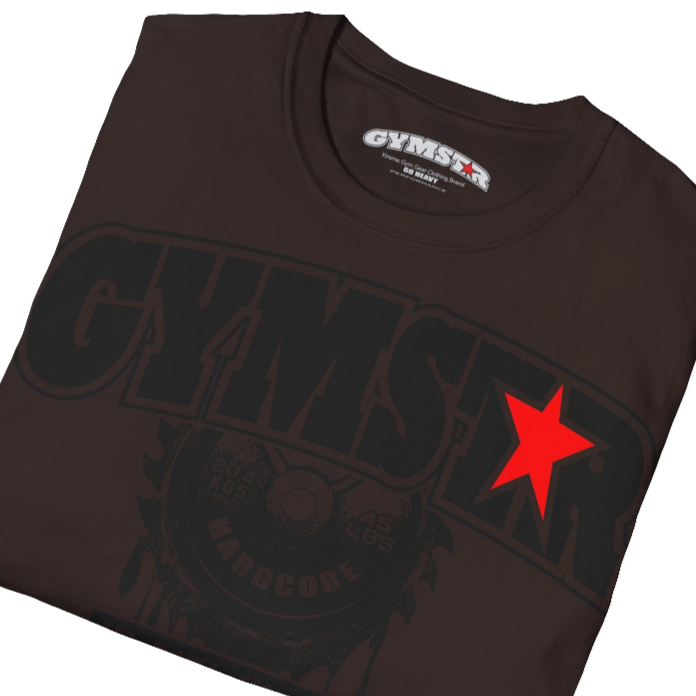 A brown Gymstar t-shirt with a graphic print No Pain No Gain in the center, designed for fitness and sports. Front close up view.