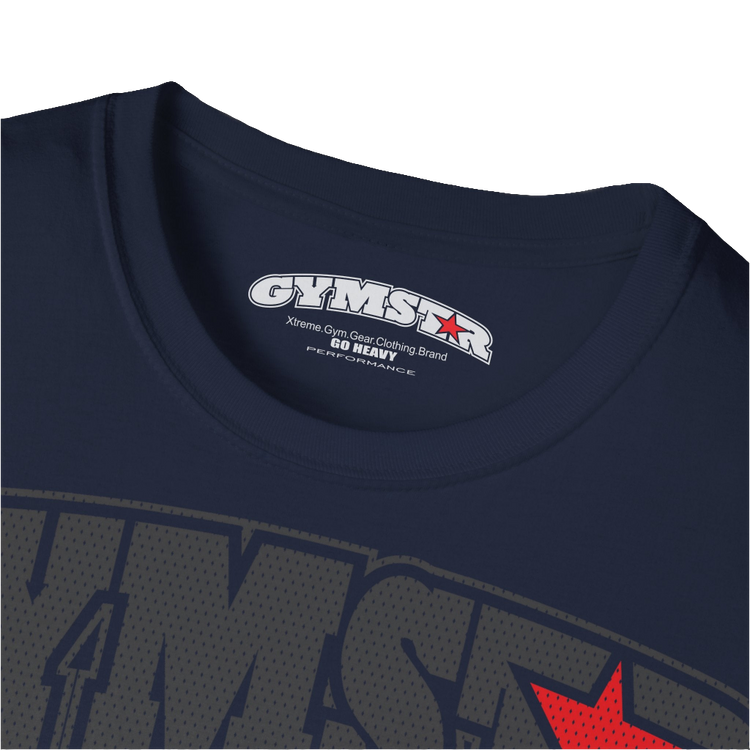 A navy blue Gymstar t-shirt with a graphic print No Pai No Gain in the center, designed for fitness and sports. Front  logo close up view.