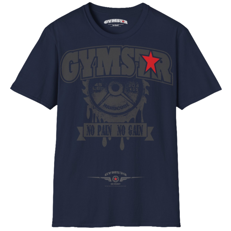 A navy blue Gymstar t-shirt with a graphic print No Pai No Gain in the center, designed for fitness and sports. Front  view.