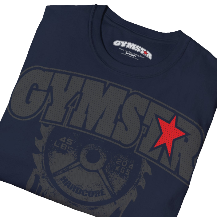 A navy blue Gymstar t-shirt with a graphic print No Pai No Gain in the center, designed for fitness and sports. Front  close up view.