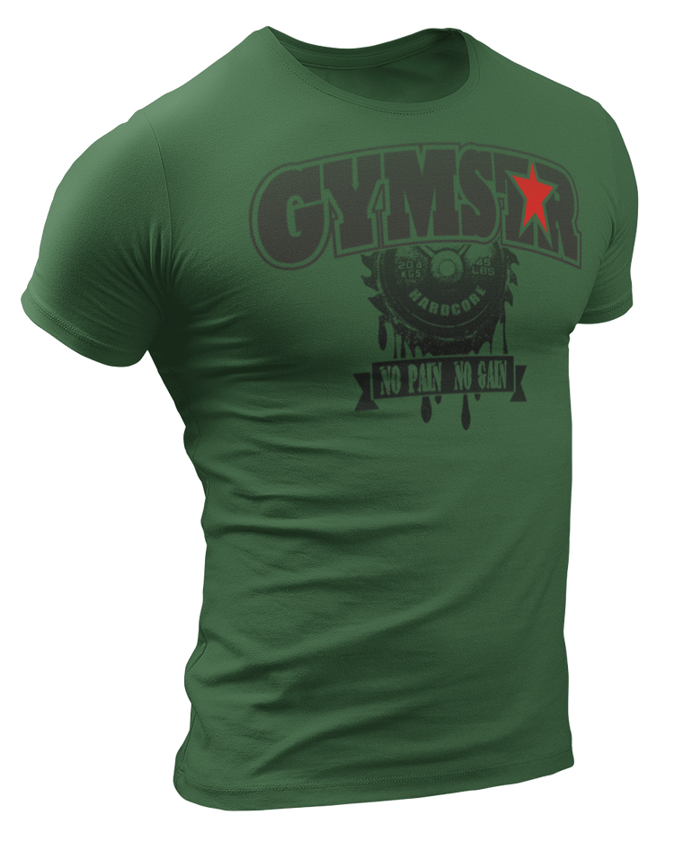 A sporty, green Gymstar t-shirt with a No Pain No Gain motivational design and a barbell weight in the middle. Close-up front view.