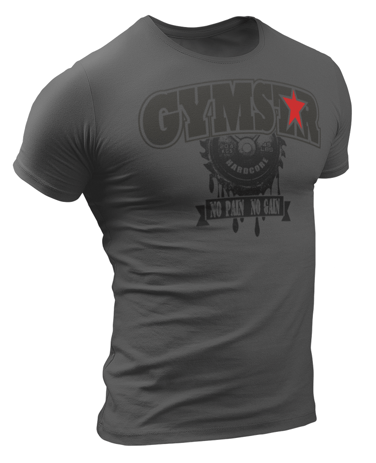 A sporty, grey Gymstar t-shirt with a No Pain No Gain motivational design and a barbell weight in the middle. Close-up front view.