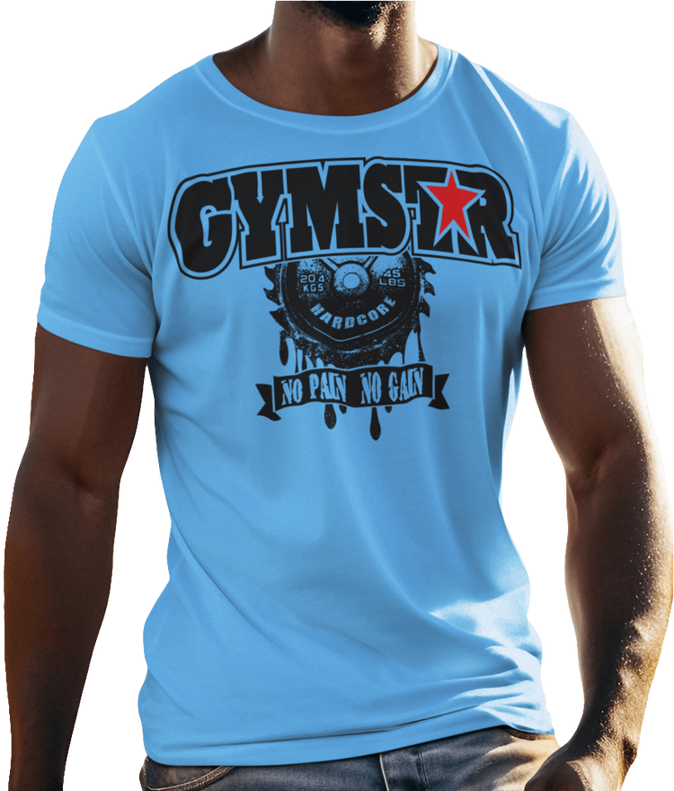 A  blue Gymstar t-shirt with a graphic print No Pain No Gain in the center, designed for fitness and sports. Front  view.