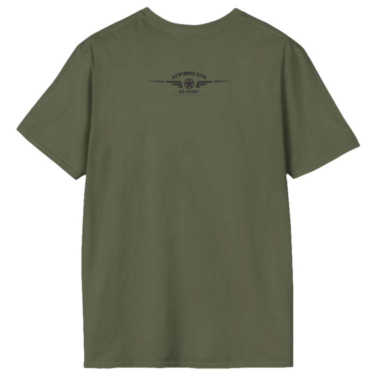 A  military green Gymstar t-shirt with a graphic print No Pain No Gain in the center, designed for fitness and sports. Rare logo close up view.