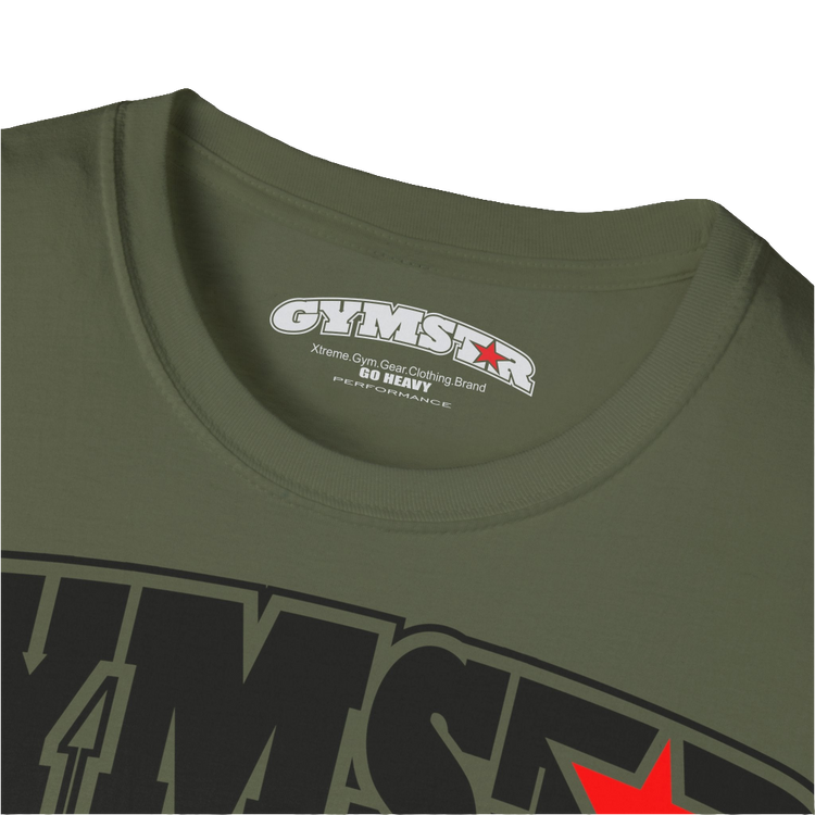 A  military green Gymstar t-shirt with a graphic print No Pain No Gain in the center, designed for fitness and sports. Front logo close up view.