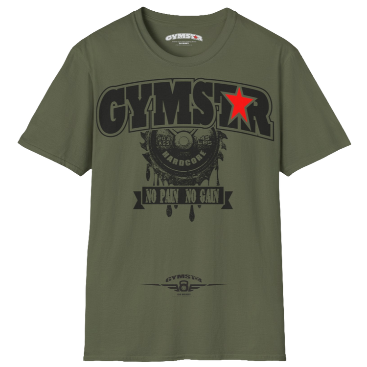 A military green Gymstar t-shirt with a graphic print No Pai No Gain in the center, designed for fitness and sports. Front  view.