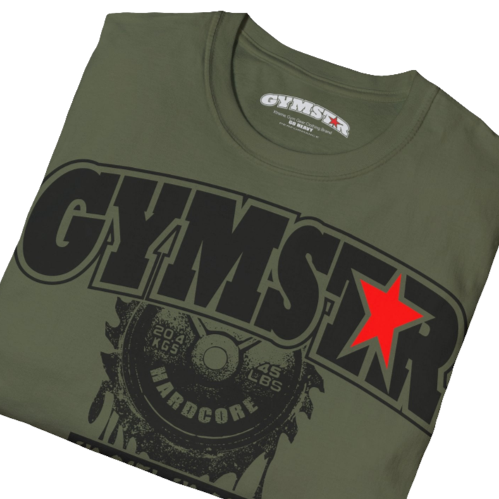 A  military green Gymstar t-shirt with a graphic print No Pain No Gain in the center, designed for fitness and sports. Front  close up view.