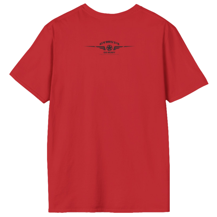 A  red Gymstar t-shirt with a graphic print No Pain No Gain in the center, designed for fitness and sports. Rare logo close up view.
