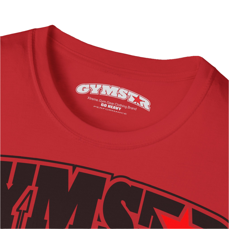 A  red Gymstar t-shirt with a graphic print No Pain No Gain in the center, designed for fitness and sports. Front logo close up view.
