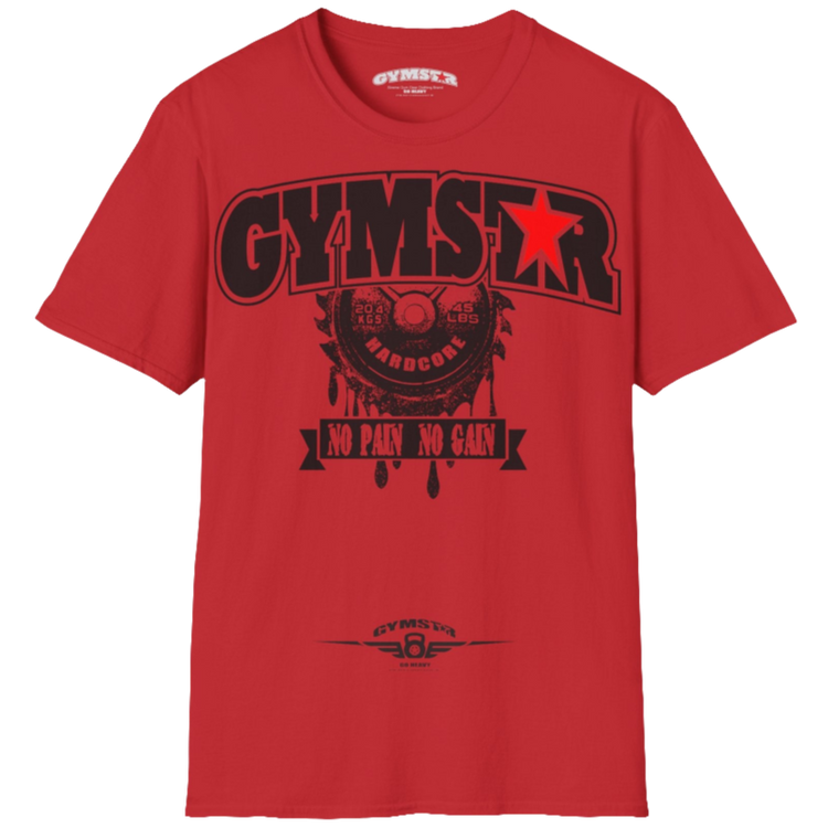 A red Gymstar t-shirt with a graphic print No Pai No Gain in the center, designed for fitness and sports. Front  view.