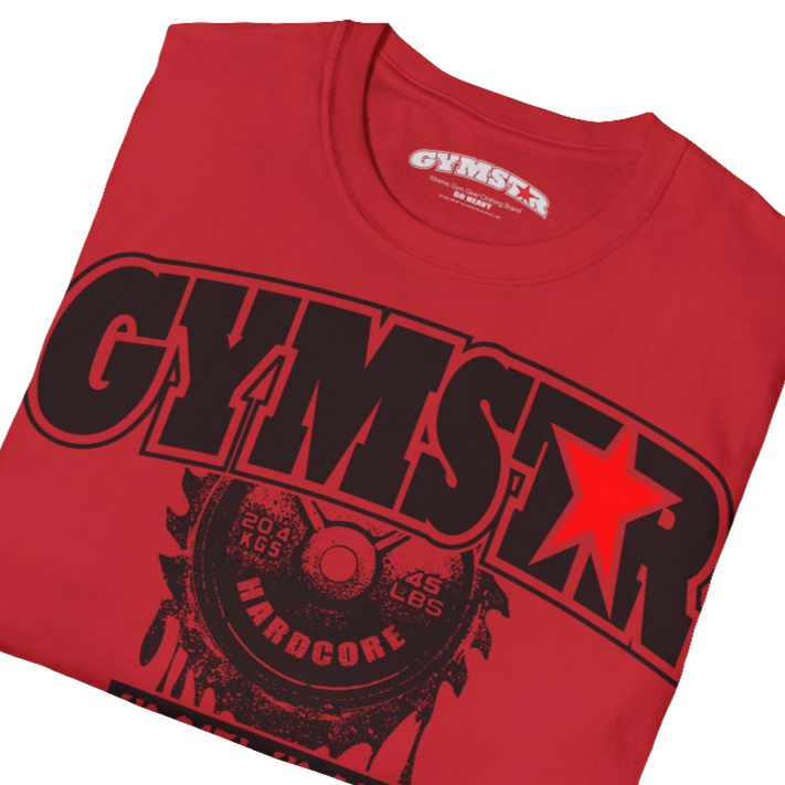A  red Gymstar t-shirt with a graphic print No Pain No Gain in the center, designed for fitness and sports. Front  close up view.