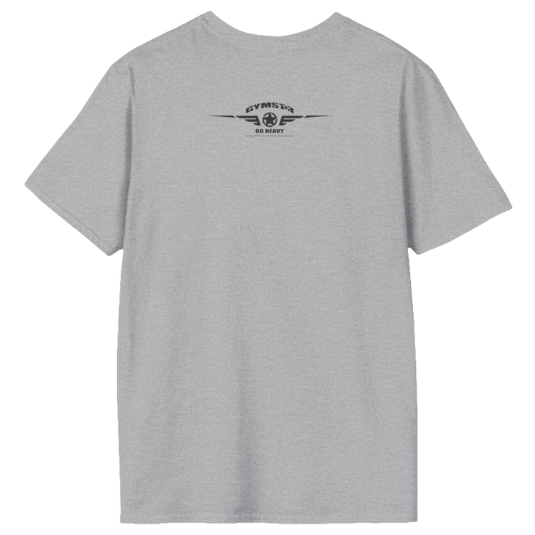 A  silver grey Gymstar t-shirt with a graphic print No Pain No Gain in the center, designed for fitness and sports. Rare logo close up view.