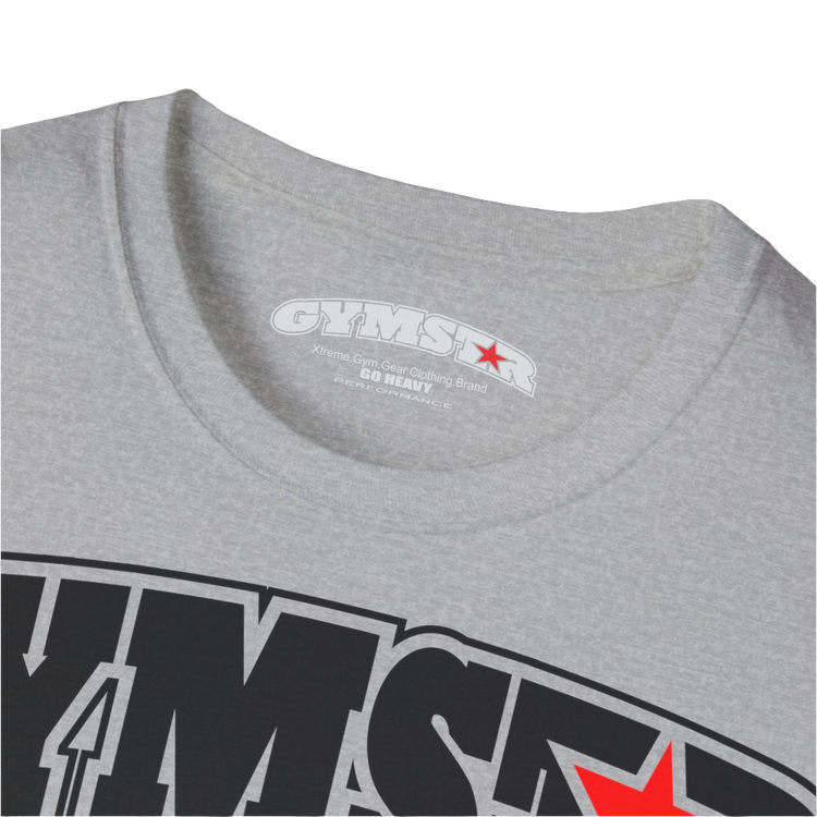 A  silver grey Gymstar t-shirt with a graphic print No Pain No Gain in the center, designed for fitness and sports. Front logo close up view.
