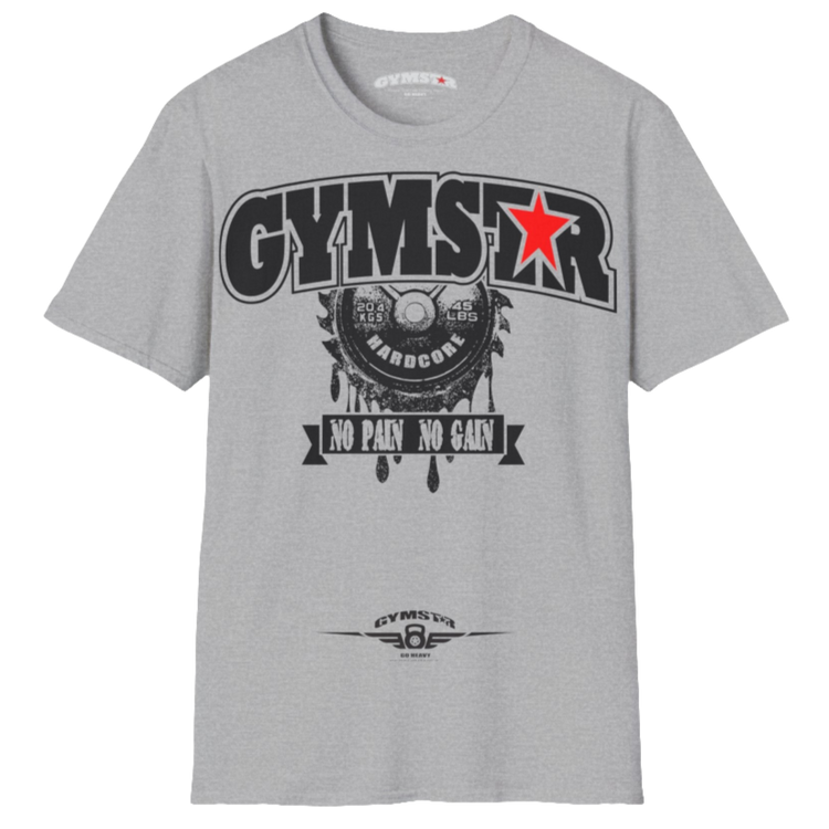 A silver grey Gymstar t-shirt with a graphic print No Pai No Gain in the center, designed for fitness and sports. Front  view.
