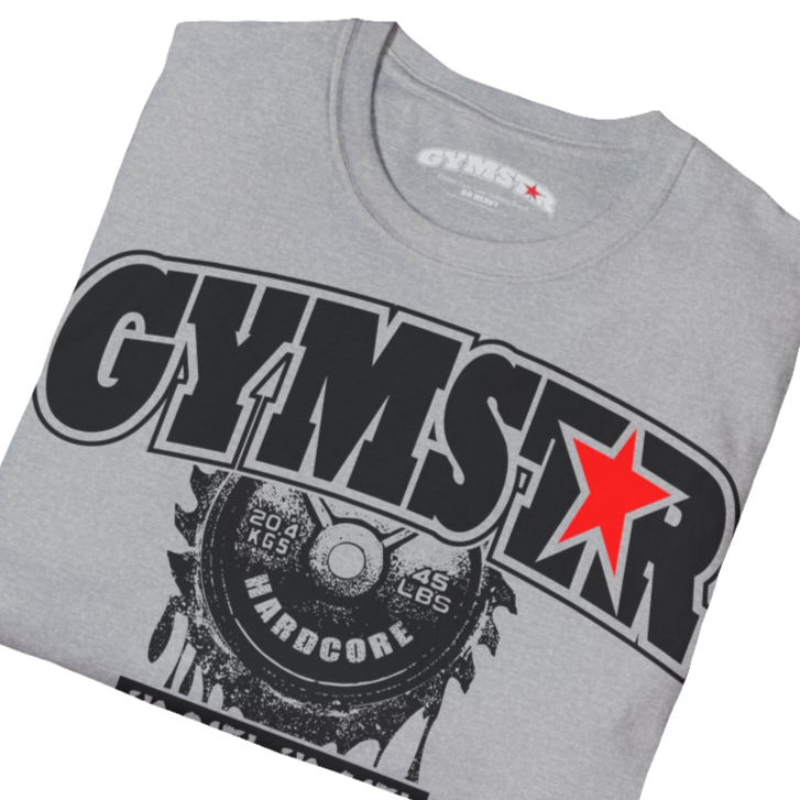 A  silver grey Gymstar t-shirt with a graphic print No Pain No Gain in the center, designed for fitness and sports. Front  close up view.