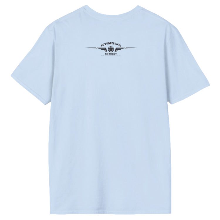 A light blue Gymstar t-shirt with a graphic print No Pain No Gain in the center, designed for fitness and sports. Rare logo close up view.