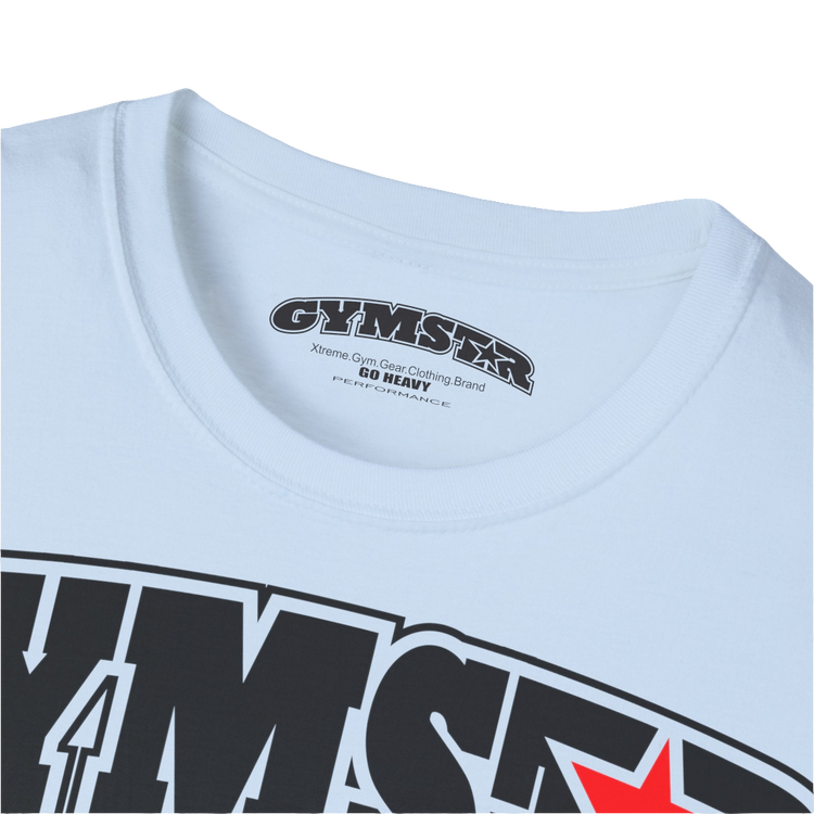 A light blue Gymstar t-shirt with a graphic print No Pain No Gain in the center, designed for fitness and sports. Front logo close up view.