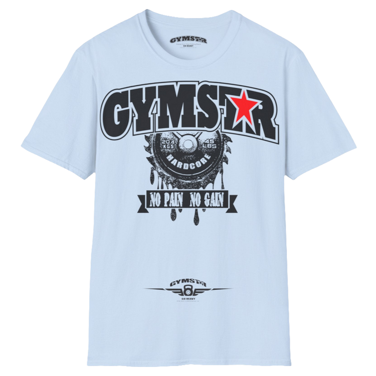 A carolina blue Gymstar t-shirt with a graphic print No Pai No Gain in the center, designed for fitness and sports. Front  view.