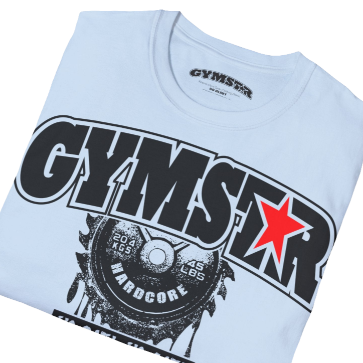 A light blue Gymstar t-shirt with a graphic print No Pain No Gain in the center, designed for fitness and sports. Front  close up view.