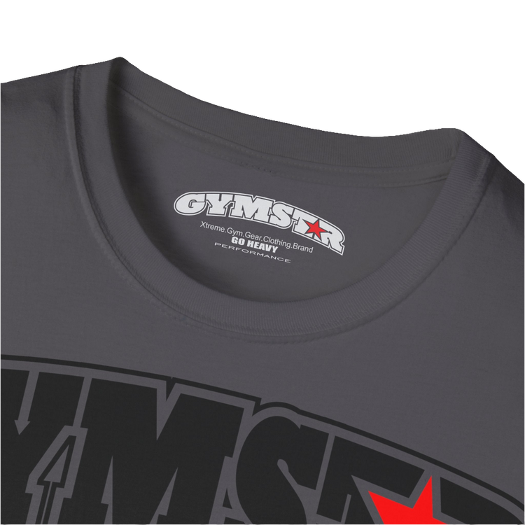 A sport grey Gymstar t-shirt with a graphic print No Pain No Gain in the center, designed for fitness and sports. Front logo close up view.