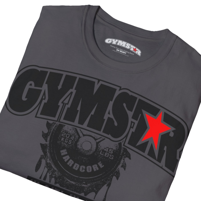 A sport grey Gymstar t-shirt with a graphic print No Pain No Gain in the center, designed for fitness and sports. Front  close up view.