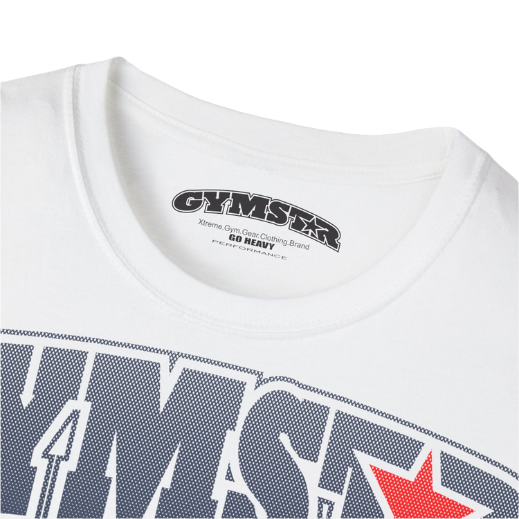 A  white Gymstar t-shirt with a graphic print No Pain No Gain in the center, designed for fitness and sports. Front logo close up view.