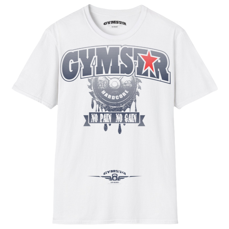 A white Gymstar t-shirt with a graphic print No Pai No Gain in the center, designed for fitness and sports. Front  view.