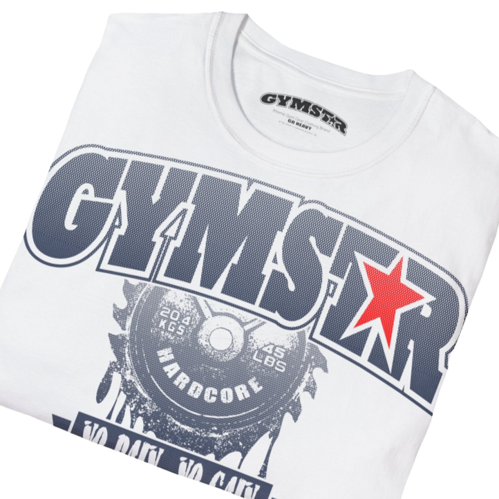 A  white Gymstar t-shirt with a graphic print No Pain No Gain in the center, designed for fitness and sports. Front  close up view.