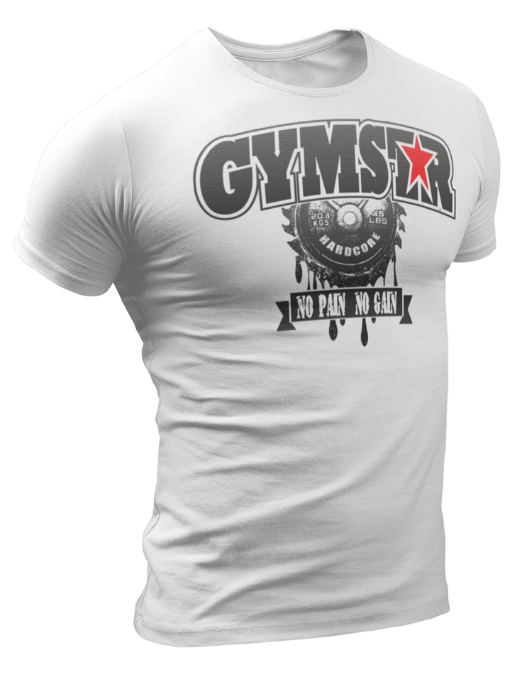 A sporty, white Gymstar t-shirt with a No Pain No Gain motivational design and a barbell weight in the middle. Close-up front view.