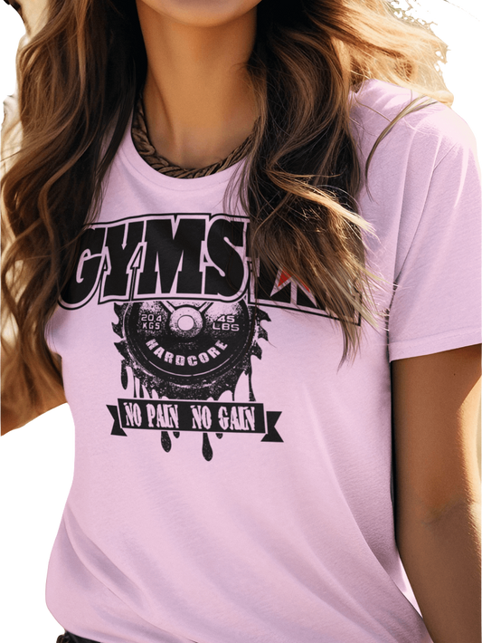 A woman wearing  pink Gymstar t-shirt with a graphic print No Pain No Gain in the center, designed for fitness and sports. Front view.
