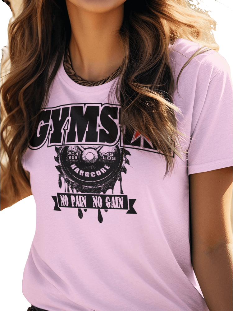 A woman wearing  pink Gymstar t-shirt with a graphic print No Pain No Gain in the center, designed for fitness and sports. Front view.
